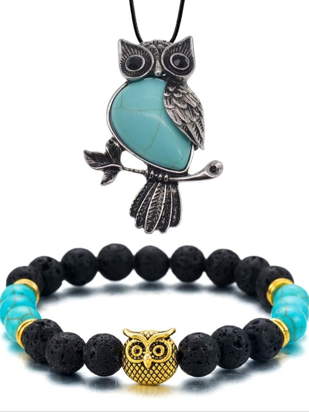 Turquoise Owl Necklace and Bracelet Set - Turquoise & Black